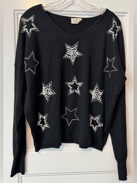 Ember Sweaters - Ember Black Pearl Rhinestone Star Sweater L V-Neck Embellished Y2K Glam